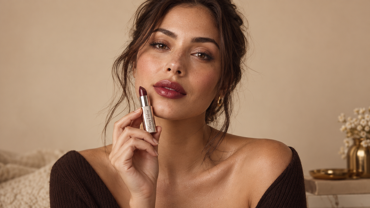 HoneyVelour beauty portrait with a sheer lipstick